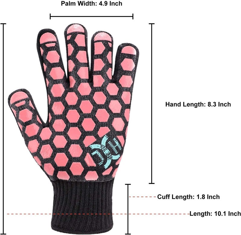 JH J H Heat Resistant Oven Glove:EN407 Certified 932 Â°F, 2 Layers Silicone Coating, Oven Mitts for Cooking,Kitchen,Fireplace, Grilling,1Pair (Black Shell with Coral, Women Fits All) - Image 3